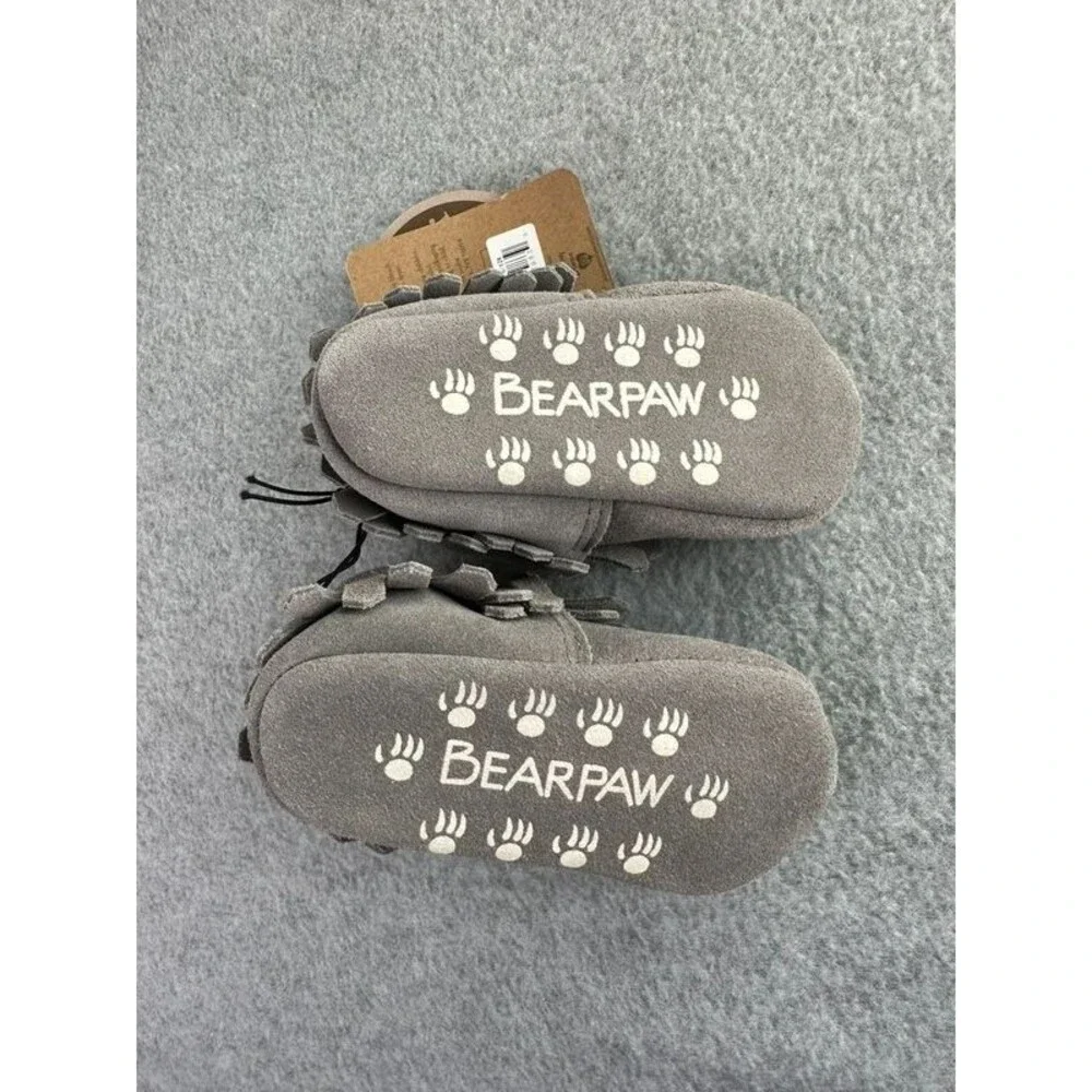 Bearpaw Real Leather Grey Baby Moccasins Unisex Size 6/12M Fringe Slip On New
